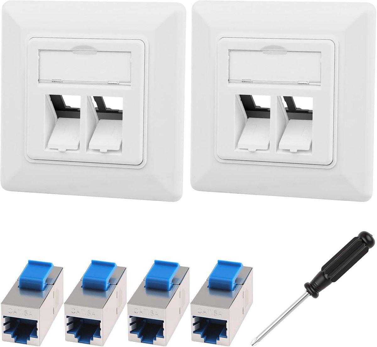 2 stuks 2-poorts Cat6a netwerkdoos inbouwset, 4 stuks Cat6a Keystone RJ45 module, netwerkdoos opbouw, 10 Gbps/600 MHz - ShopVlot