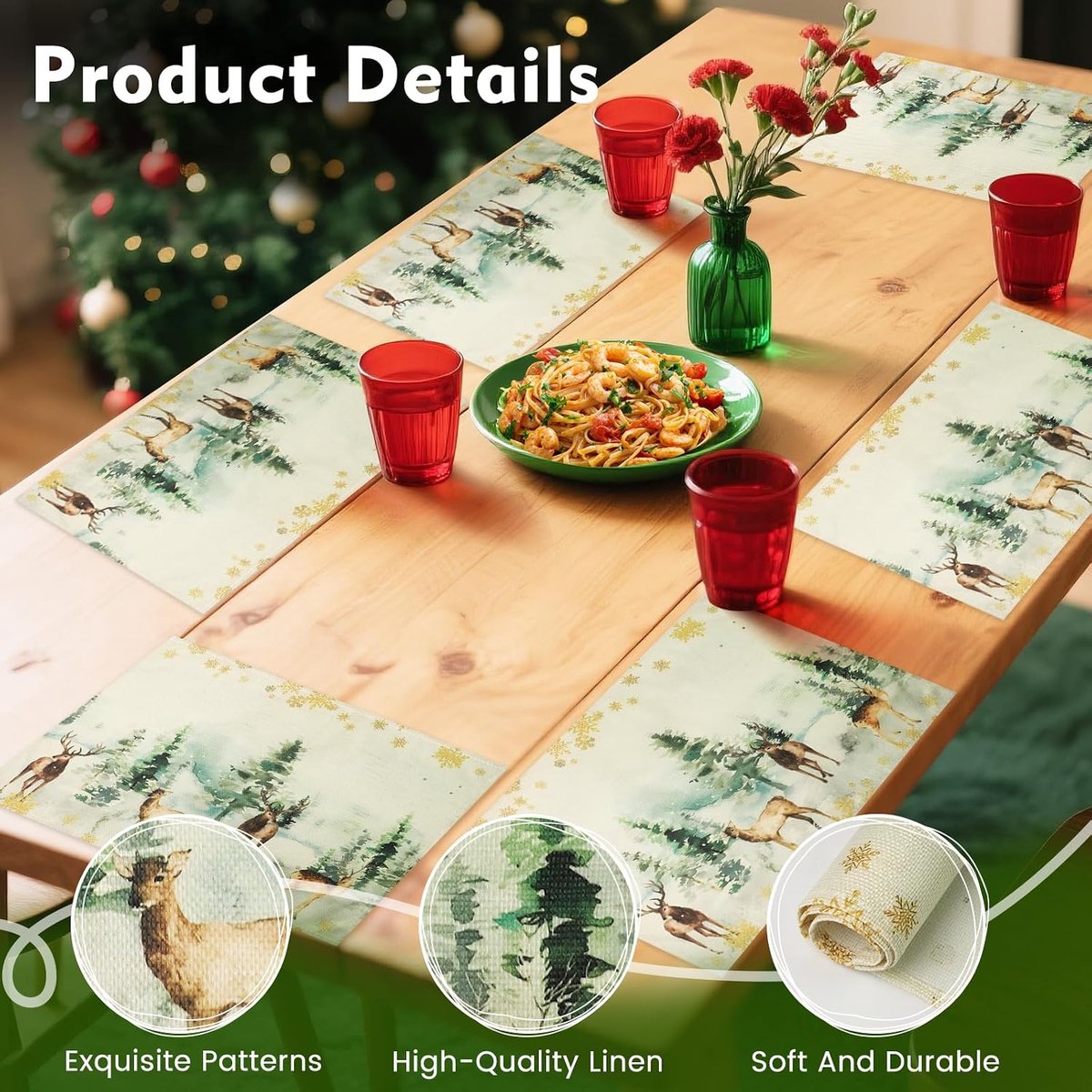 6 Pieces Placemats Christmas Washable Table Set Christmas Linen with Pine Elk Snowflakes Christmas Decoration, Vintage - ShopVlot