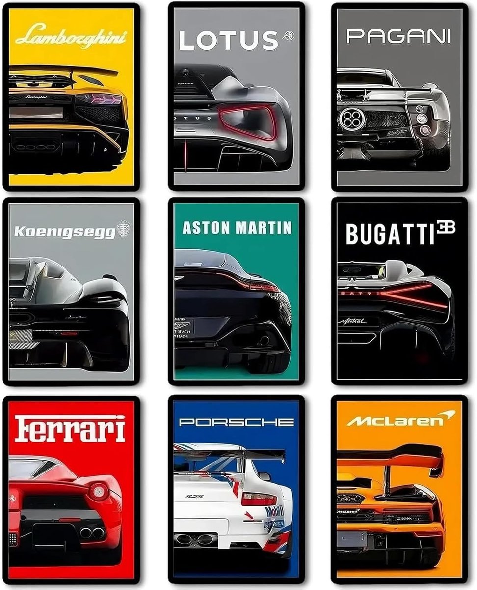 Iirlvior Supercar Wall Posters, Pack of 9, Colourful Canvas Sports Car Posters, Car Posters, Super Sports Car, Wall - ShopVlot