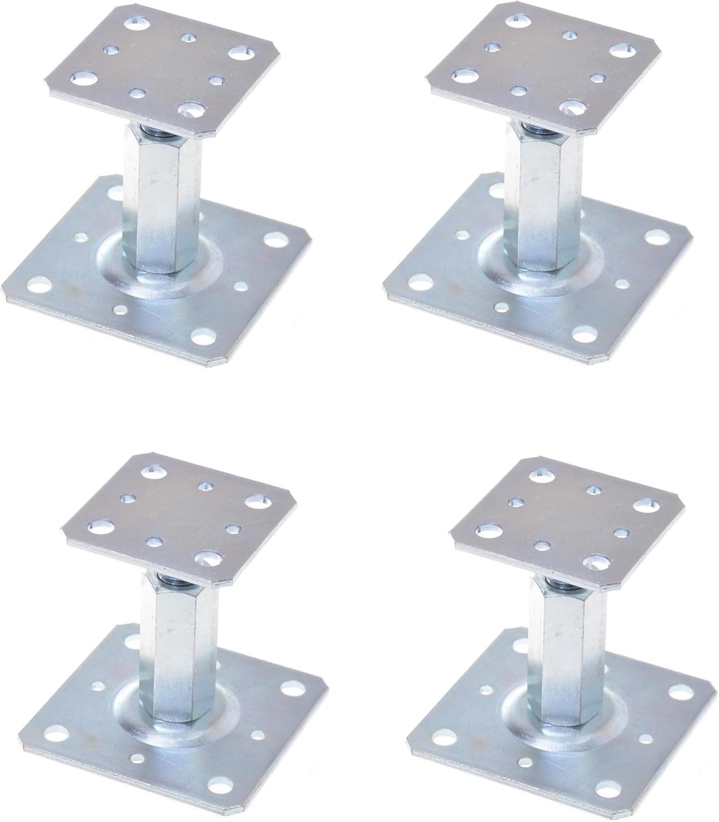 Set of 4 Height Adjustable Post Supports, Galvanized Steel Support Leg, 110 x 80 mm Adjustable, Easy Assembly, Robust - ShopVlot