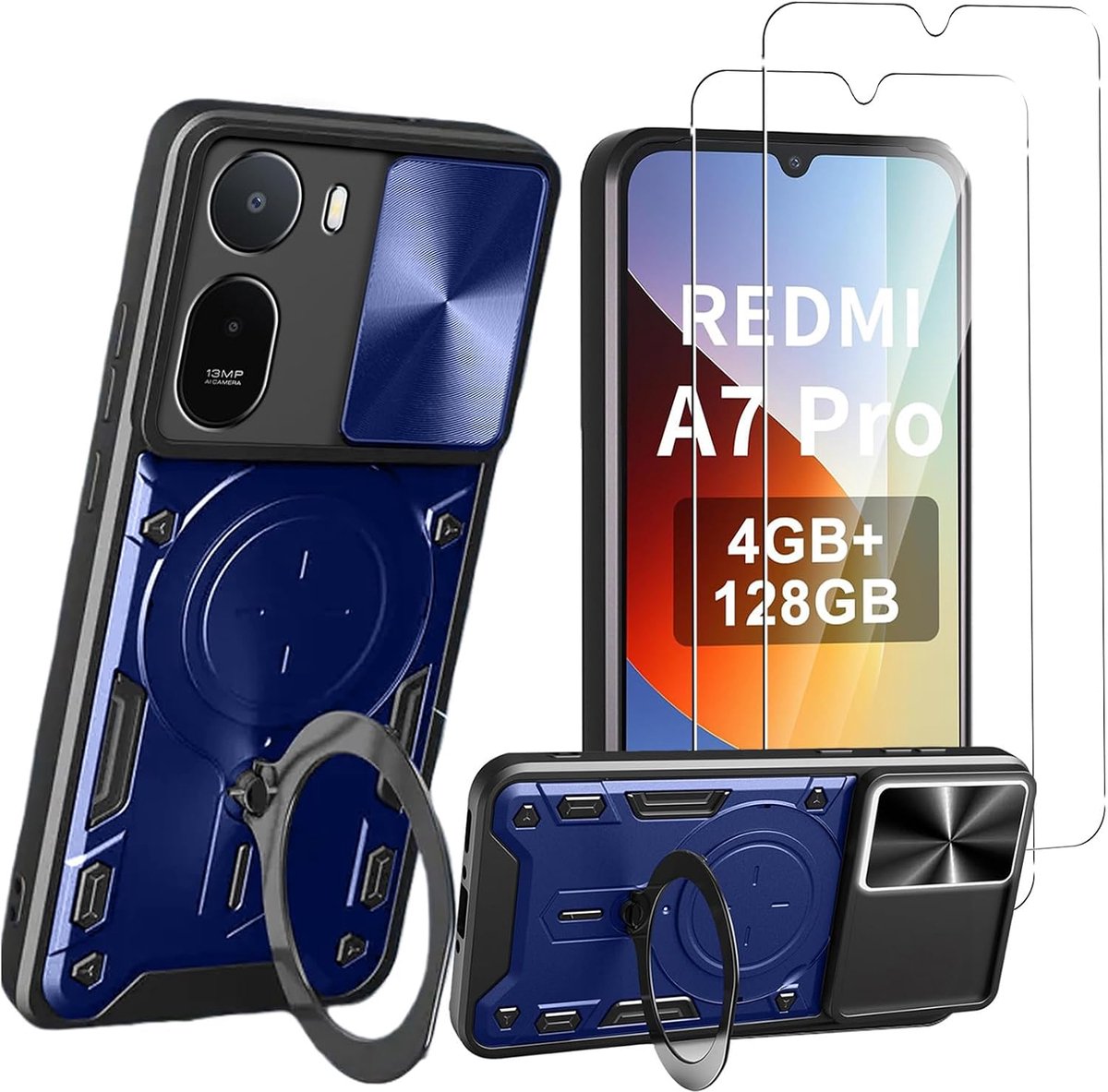 Beschermhoes voor Xiaomi Redmi A7 Pro + gehard glas, verschuifbare camerahoes, pantserhoes met 360 graden magnetische - ShopVlot