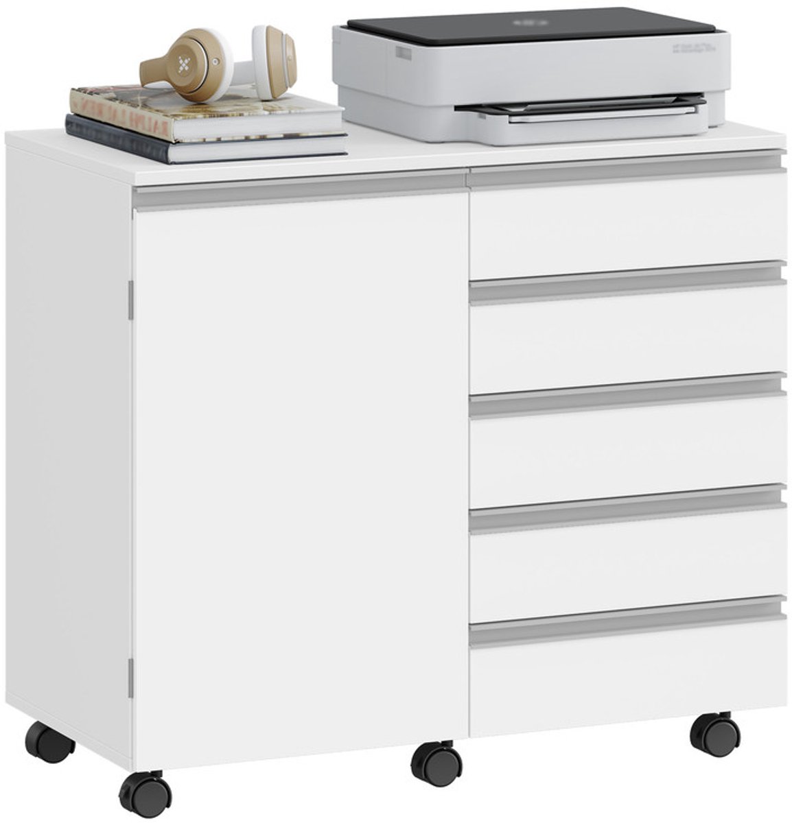 Hzuaneri Rolcontainer met 5 laden en kastdeur, mobiele archiefkast met wielen, ruimtebesparende bureauonderkast met opbergruimte voor kantoor en thuiskantoor, wit, 40 x 80 x 70 cm