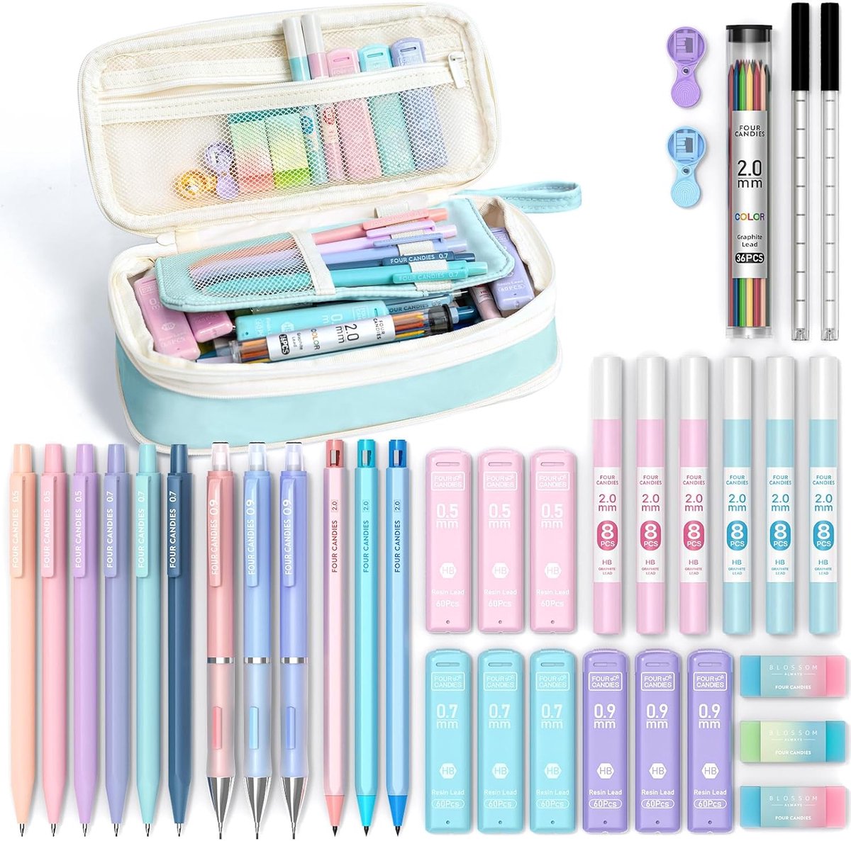 Four Candies 36pcs Aesthetic School Supplies, Mechanical Pencils 0.5mm, 0.7mm, 0.9mm and 2mm with 624pcs Refills, Cute - ShopVlot