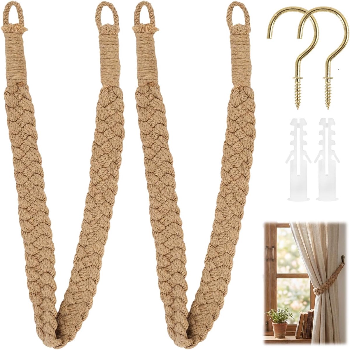 Set van 2 handgevlochten gordijnhouders van natuurlijk katoen, met metalen haken, decoratieve clips voor gordijnen - ShopVlot