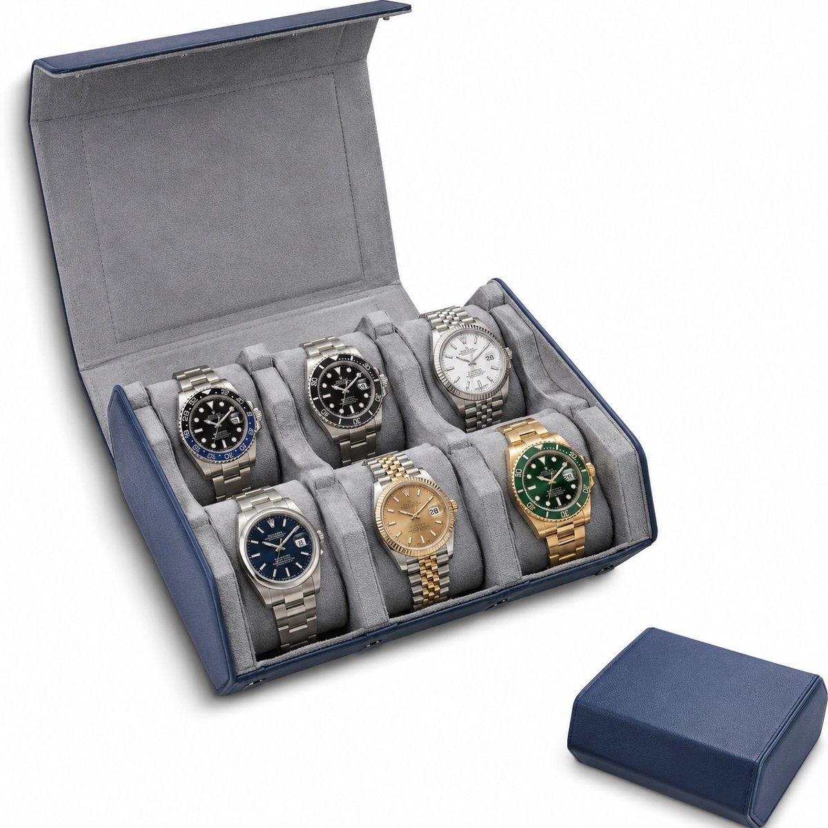 Luxe Octagon Horloge Rol 6 Stuks | Horlogedoos | Horloge Etui Leer | Watch Roll | Horloge Houder Sieradendoos | Blauw