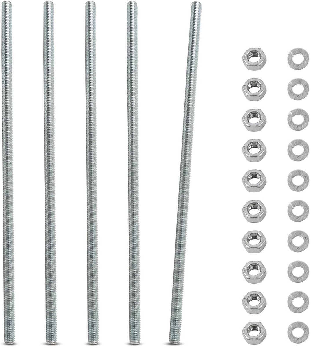Pack of 5 Thread Rods M10 Galvanized 300mm Threaded Rod, Metric Full Thread Rod with 10 M10 Nuts and 10 Washers - ShopVlot