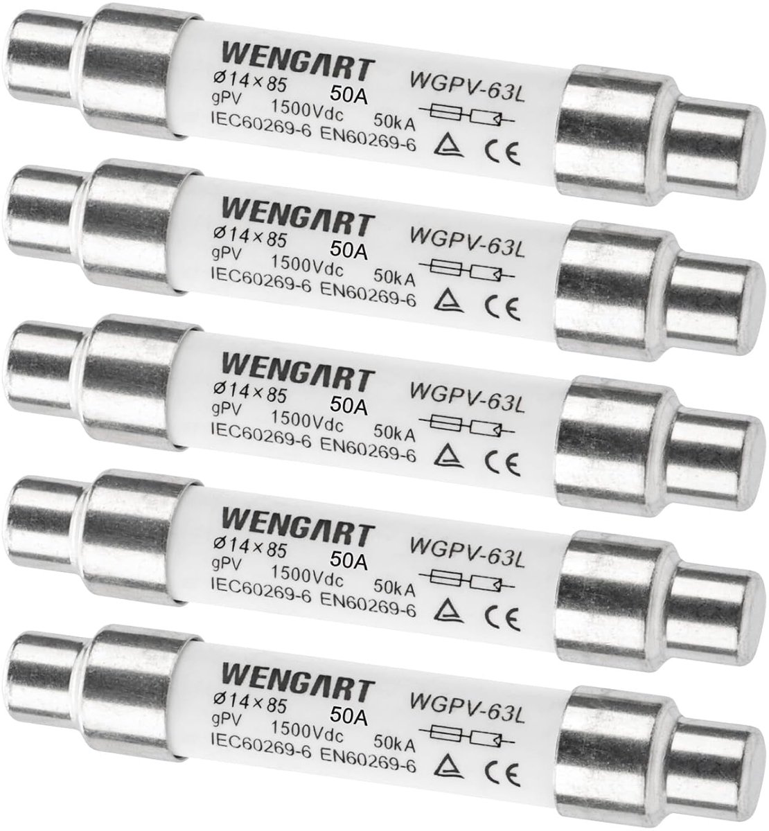 Wengart PV Fuse WGPV-63L, 5 pieces, 50 KA, DC1500 V, 14 x 85 mm, for use in photovoltaics, solar installations and - ShopVlot
