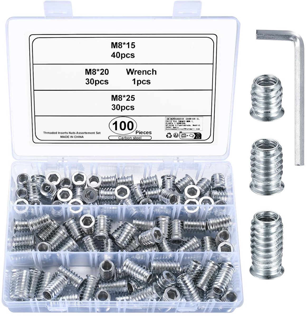 Pack of 100 M8 Screw Nuts, Thread Insert for Wood, M8 Screw-In Sleeves, Thread Entries, Screw Muttern, Hex Hex Socket - ShopVlot