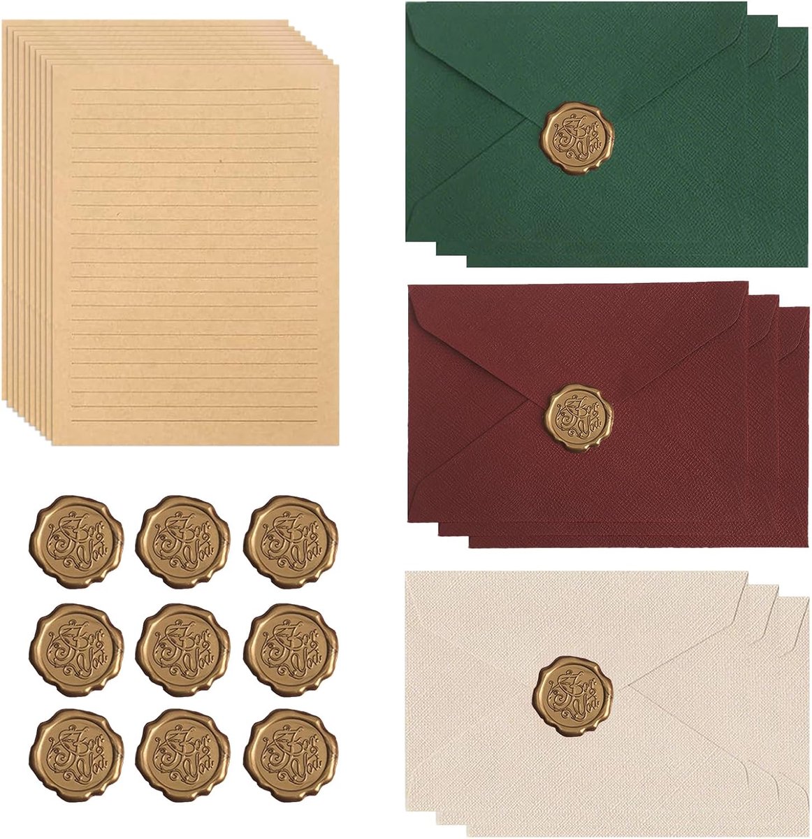 48 stuks briefpapier vintage papier, briefpapierset met 9 vintage enveloppen 30 A5 briefpapier en 9 waszegelstickers - ShopVlot