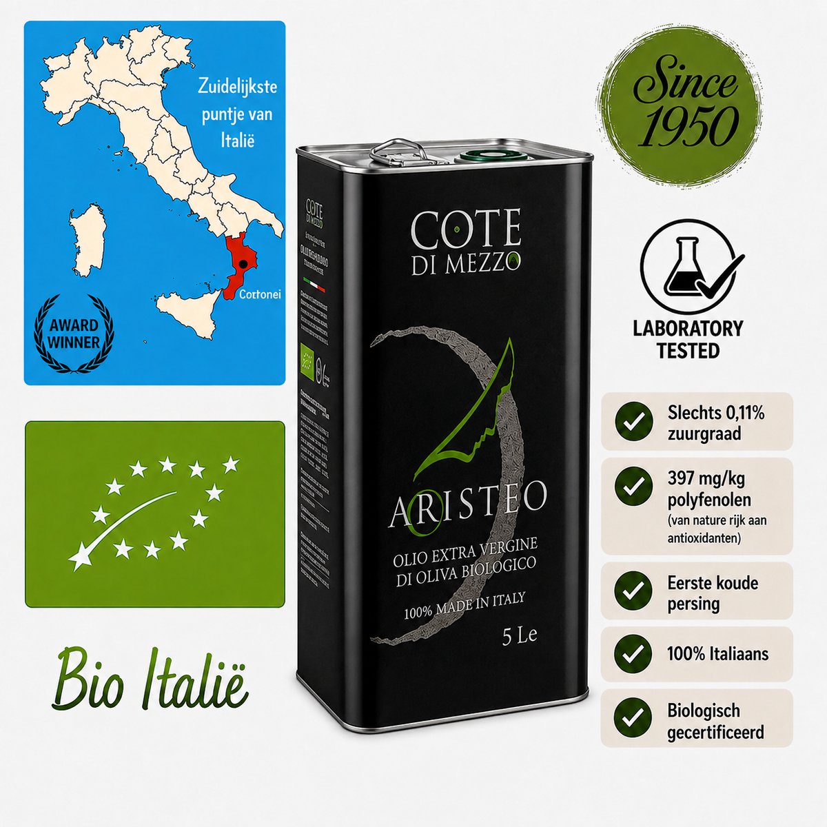 ARISTEO Biologische Extra Vierge Olijfolie 5 Liter – Zuurgraad 0,11% – Oogst 2025 – 100% Zuid-Italië – Non Filtrato – Eerste Koude Persing – Warm & Koud Gebruik