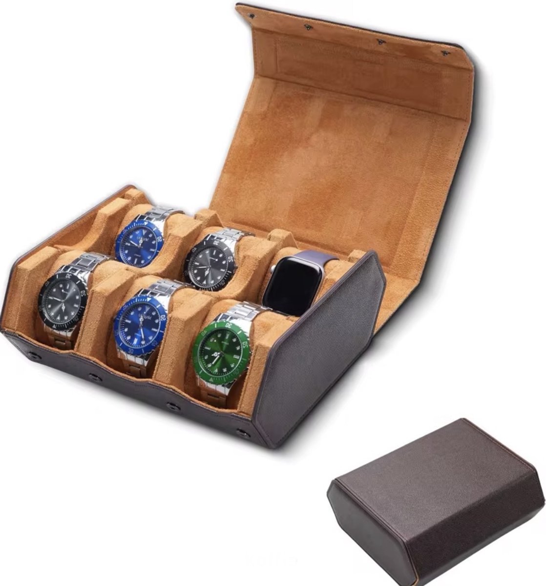 Luxe Octagon Horloge Rol 6 Stuks | Horlogedoos | Horloge Etui Leer | Watch Roll | Horloge Houder Sieradendoos | Bruin