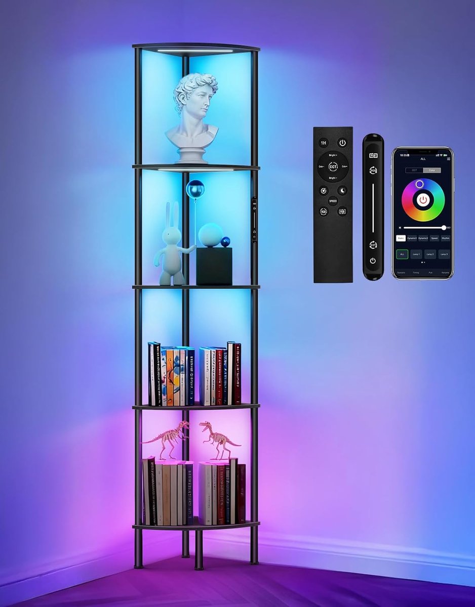 RGB LED Floor Lamp with Shelf, Dimmable Corner Rack with Light, Touch & App & Remote Control, Music Sync, Multicolor - ShopVlot