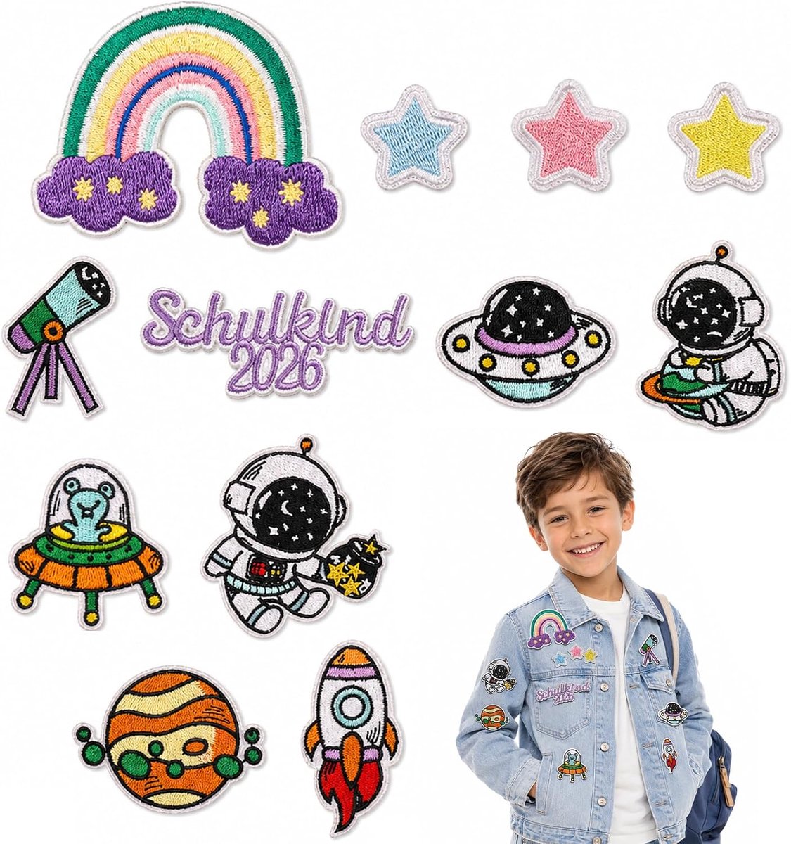 21 Stück Bügelbilder Weltraum, Aufnäher Rakete Astronaut Planeten, Patches zum Aufbügeln für Textilien, Schultüte - ShopVlot