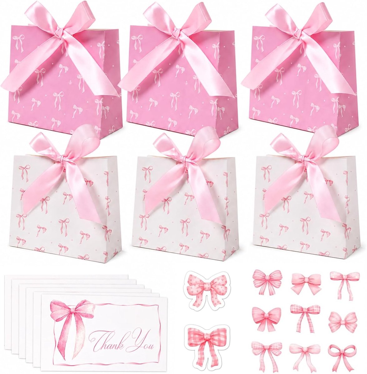 ZMaglorian Set van 6 stuks geschenkzakjes met bedankkaarten en stickers (3 x wit, 3 x roze) kleine papieren zakjes - ShopVlot