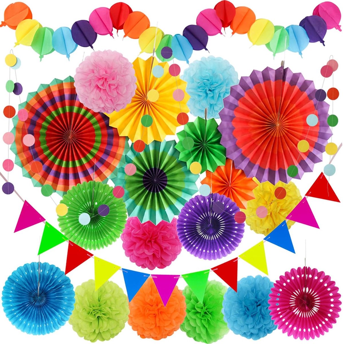 Decoratieset 20-delig - Papieren waaiers en bloemen - Multikleur - Feestdecoratie voor bruiloften - ShopVlot