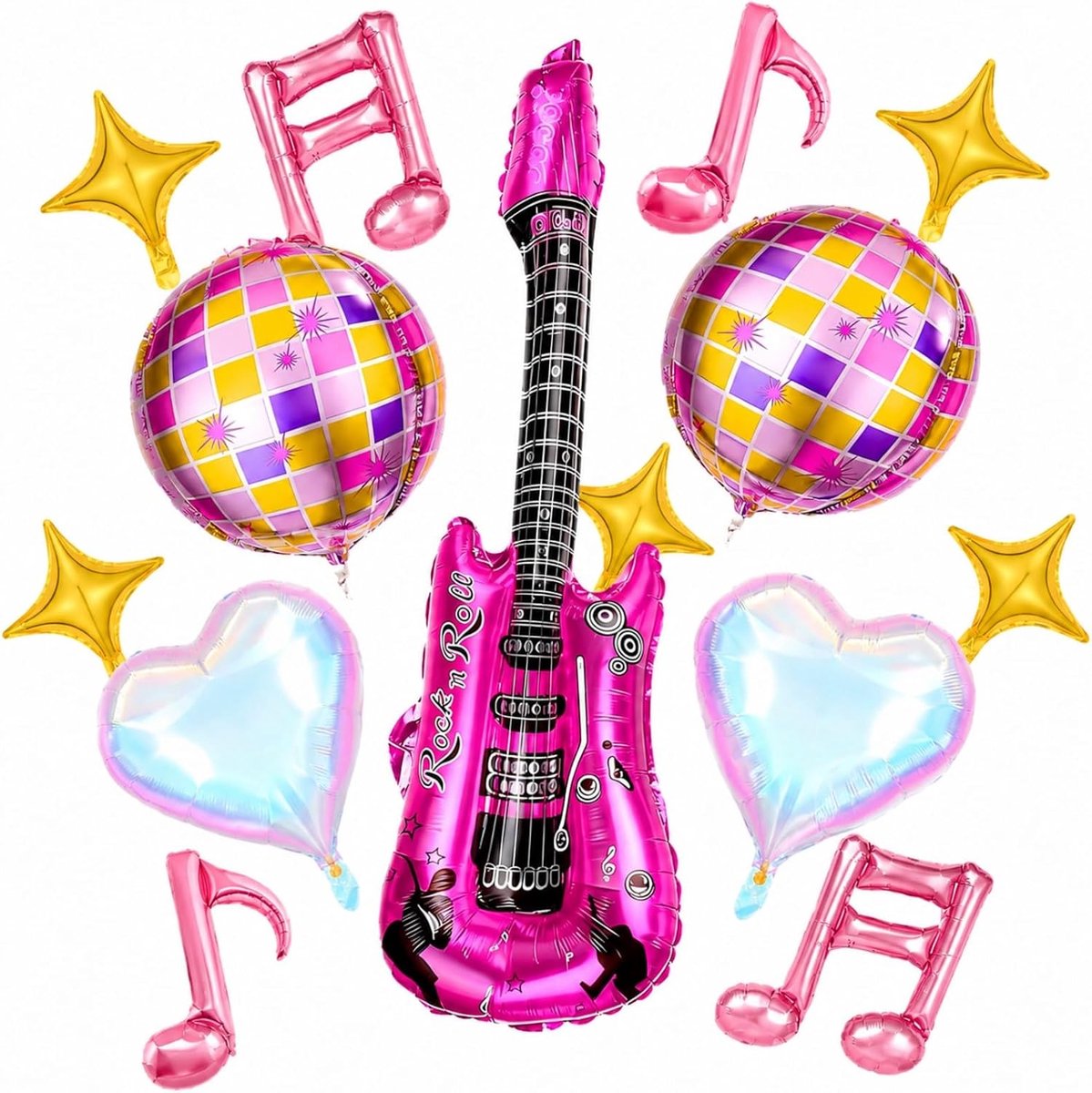 Discofeestballonnen 14 stuks - Opblaasbare gitaar en discobal - Retro muziekdecoratie - Perfect voor feestavonden - ShopVlot