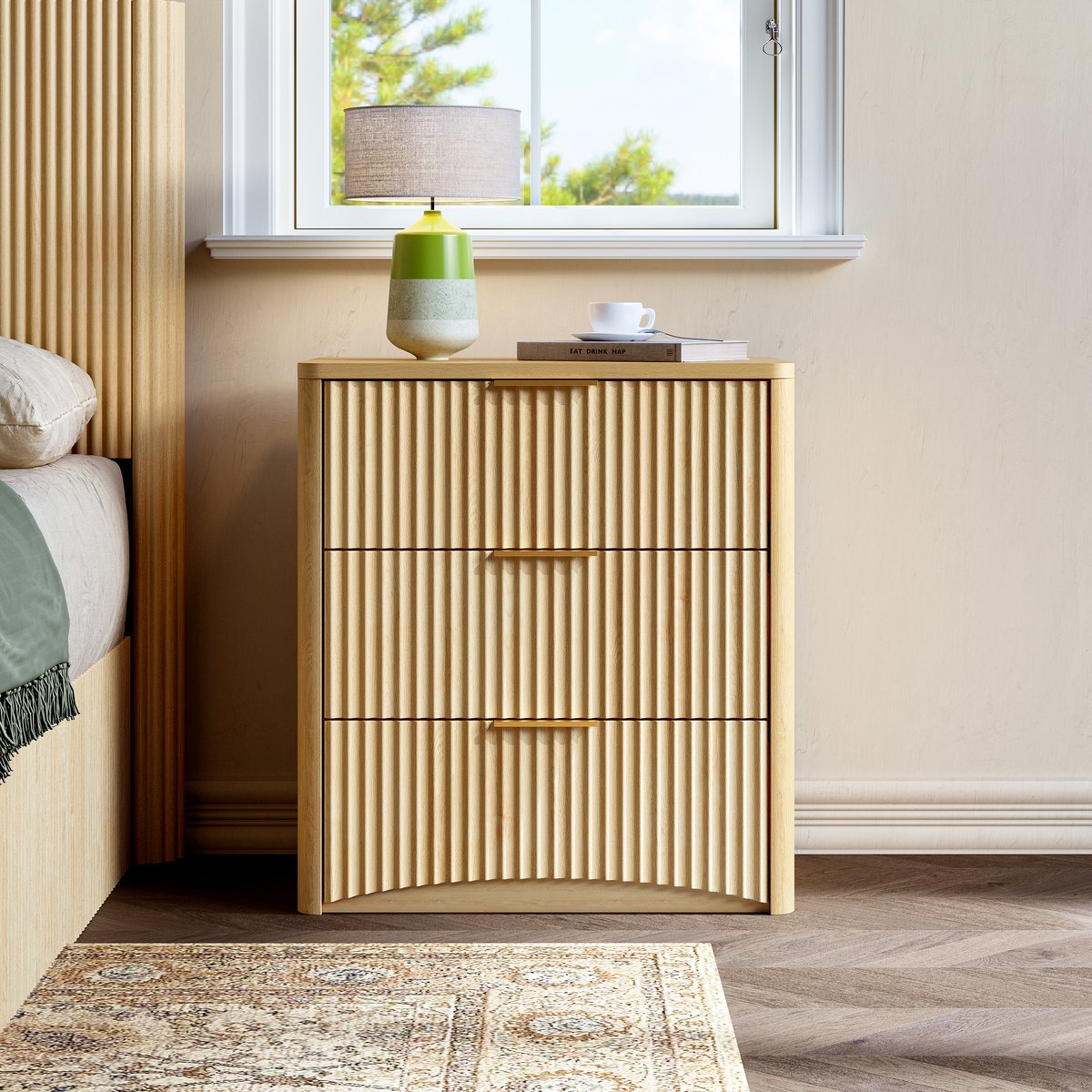 COVREO Nachtkastje 58 x 38 x 64 cm eiken, MDF met 3 lades en metalen grepen