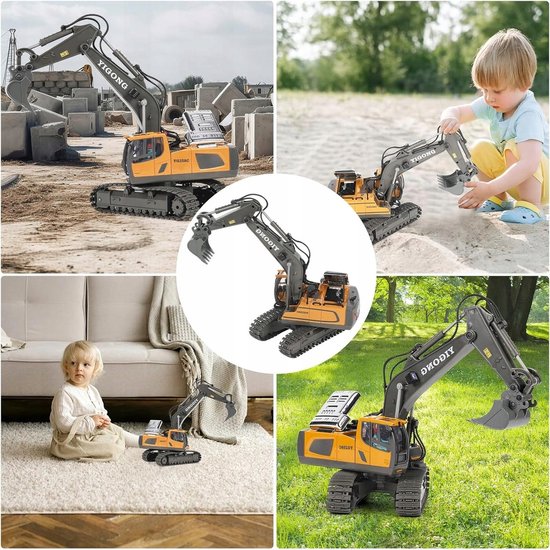 Grijze en gele RC-graafmachine met kinderen, in huis en buiten.