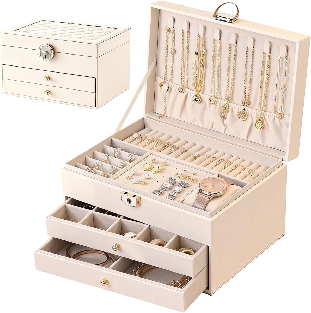 Sieradenbox 3-laags - witte parelvelvet - met 2 lades - ruime opberging voor sieraden - ShopVlot