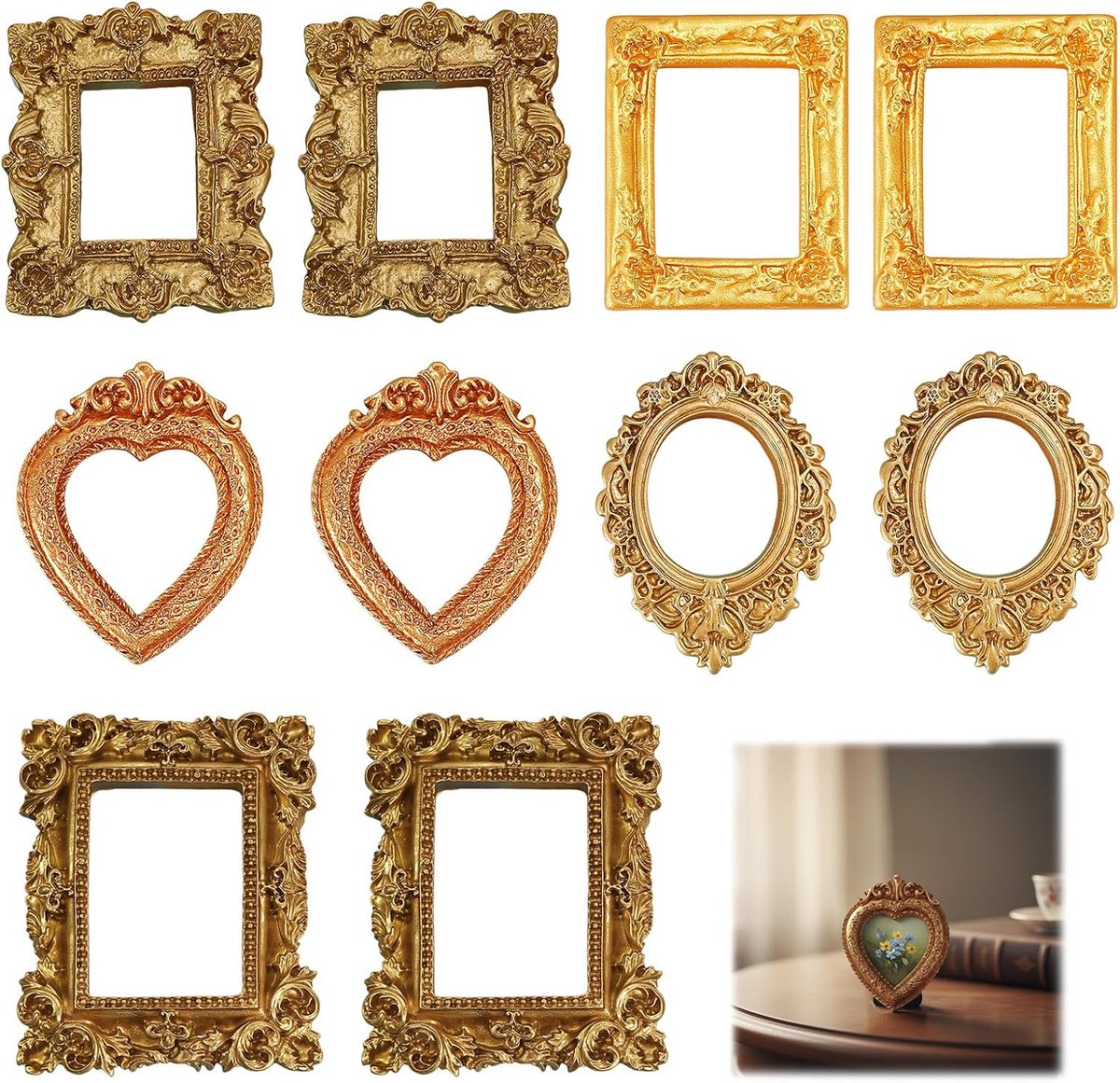 Bilderlijst Set 10 Stuk Mini Vintage - Kunsthars Barok Goud - Fotorekwisieten - Wanddecoratie voor Huis - ShopVlot