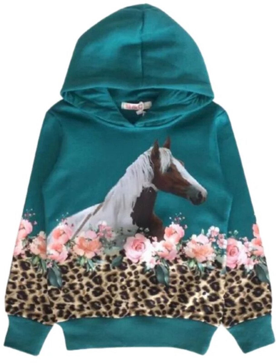 Blauwe hoodie met paarden - Blauw - 98/104