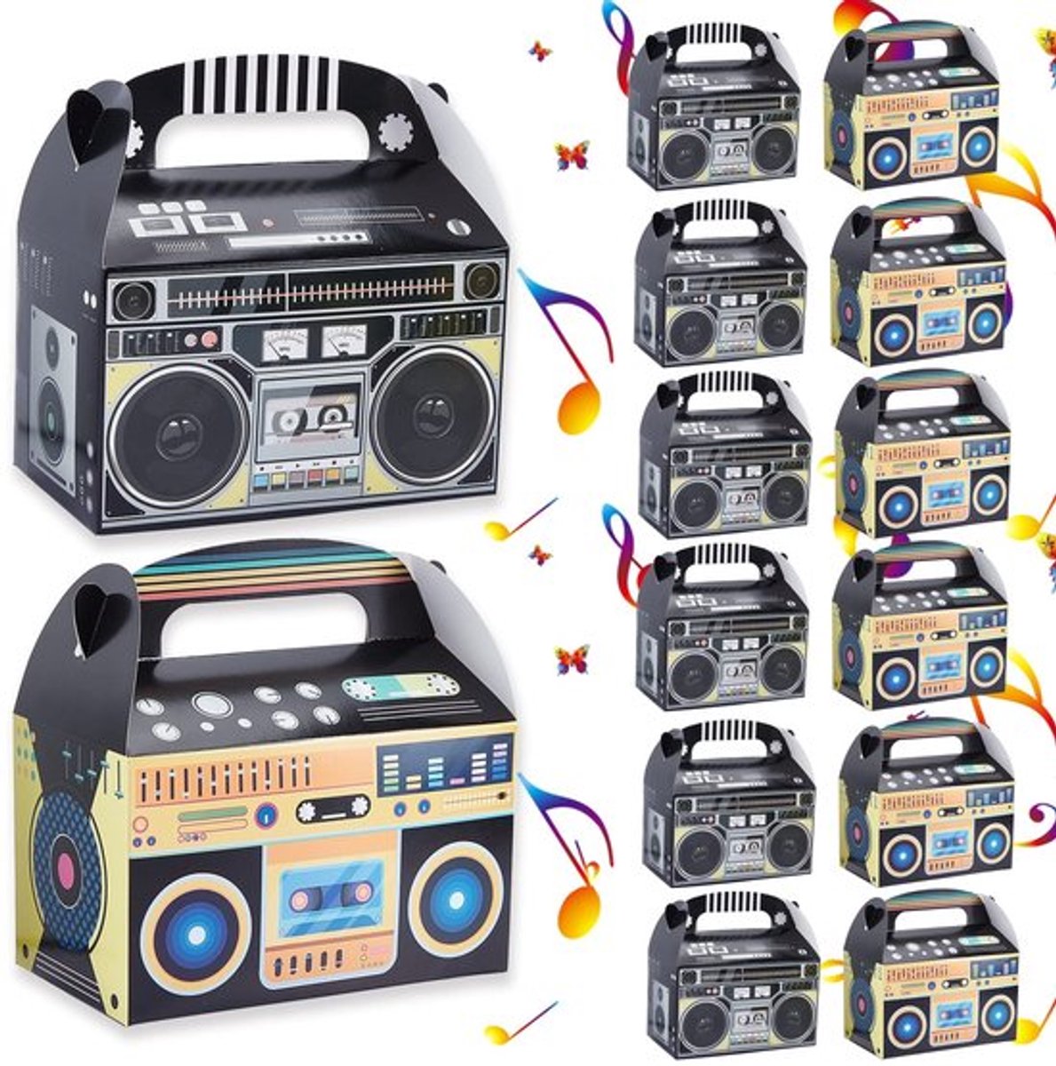 Geschenkdozen met deksel - 12 stuks - Vintage radio-motief - Veelkleurig - Papiervulling - Afmetingen 16 x 9,5 x 9,5 cm - Cadeaudozen