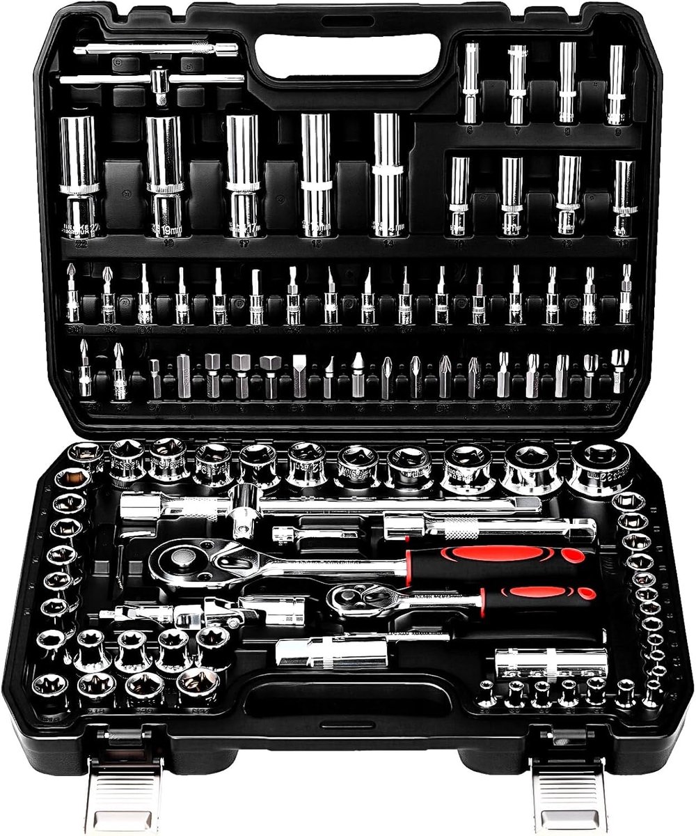 Doppenset 108 Delig - Ratelset met Cr-V Stalen Gereedschap, 1/4 en 1/2 Inch Ratelsleutel met 72 Tanden