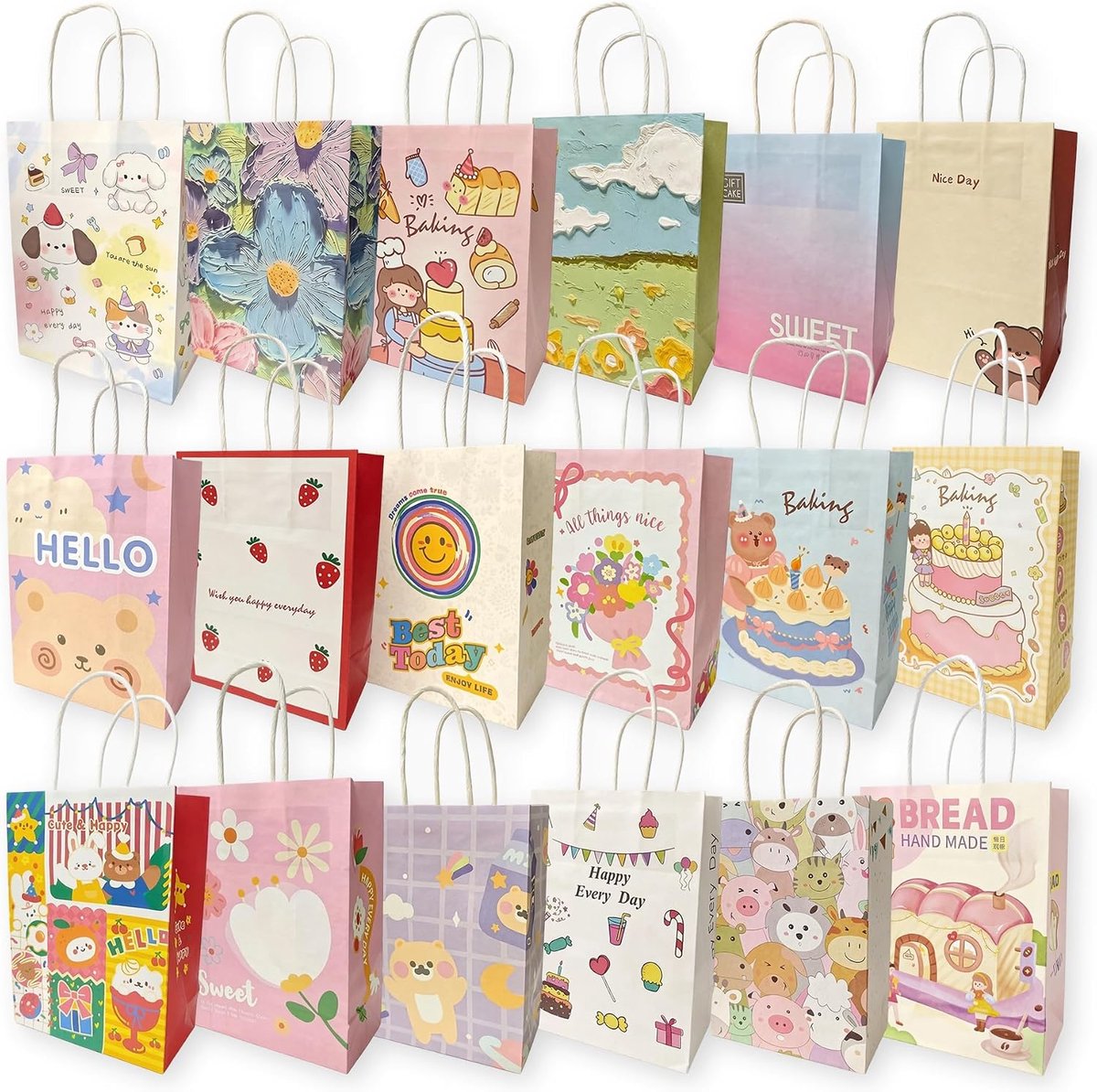 Papieren cadeauzakjes 15x8x21cm - Kraftpapier - 18 unieke cartoon prints - perfect voor feestelijke cadeaus - ShopVlot