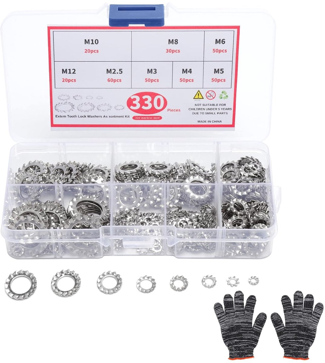 Retaineringen assortiment M2.5-M12 - RVS buitenklemringen - 330 stuks met werkhandschoenen - Ideaal voor montage en DIY - ShopVlot