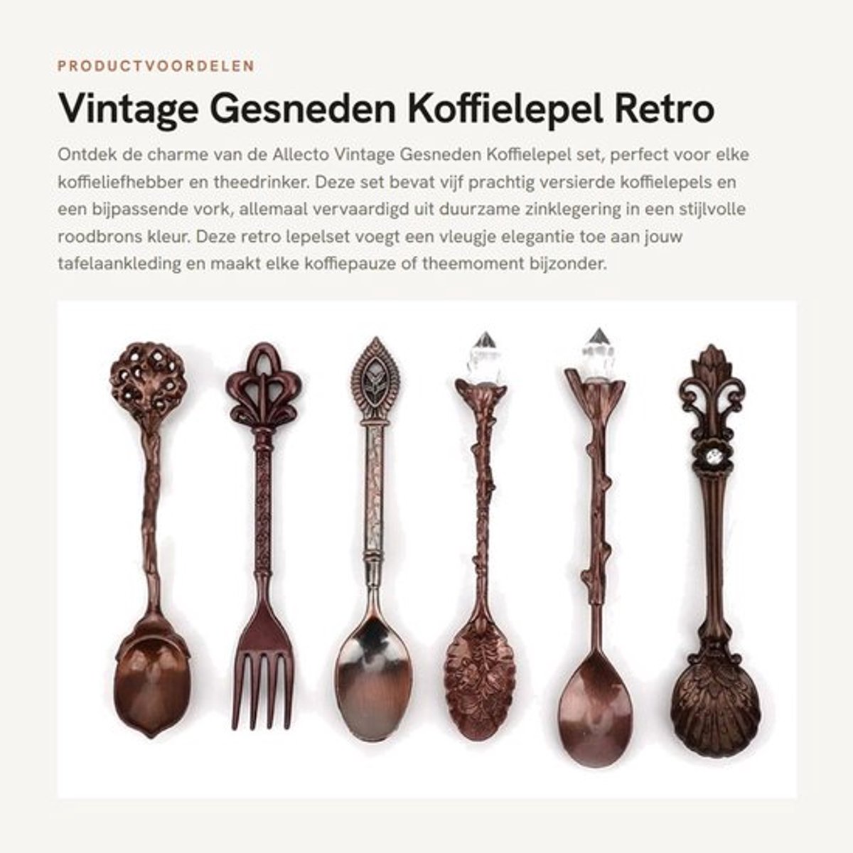Koffielepel Set van 6 - Vintage Lepels - Zinklegering - Retro Dessert Lepels - Bijpassende Vork - Afmetingen 8 x 12 x 1,5 cm - Lepelset