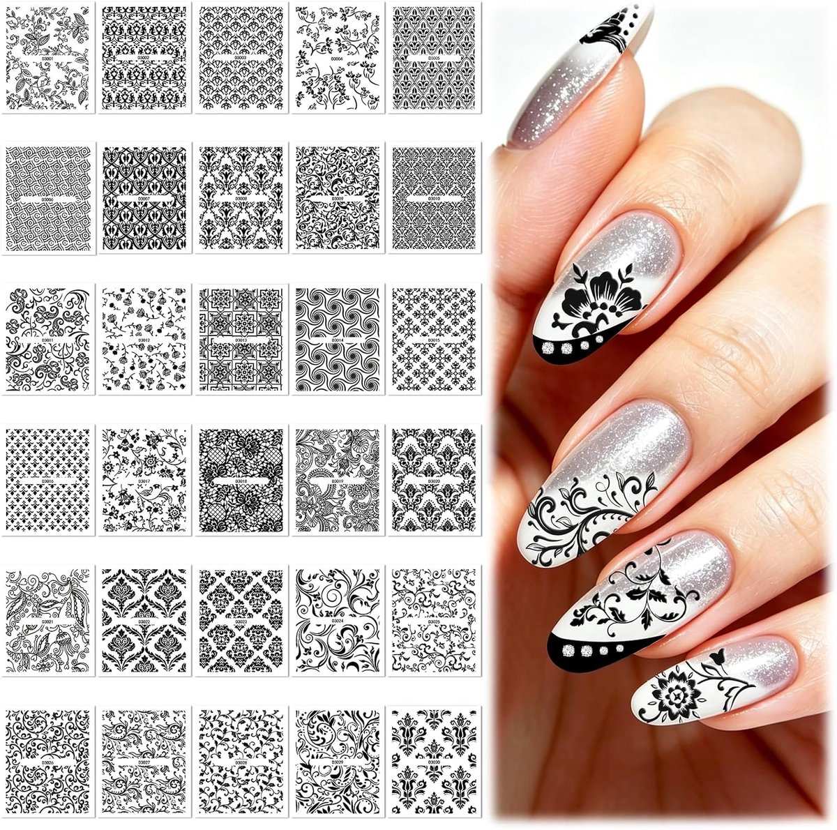 Nagelstickers 30 vellen - 3D zelfklevend - zwart - betoverende nageldesign accessoires - ShopVlot