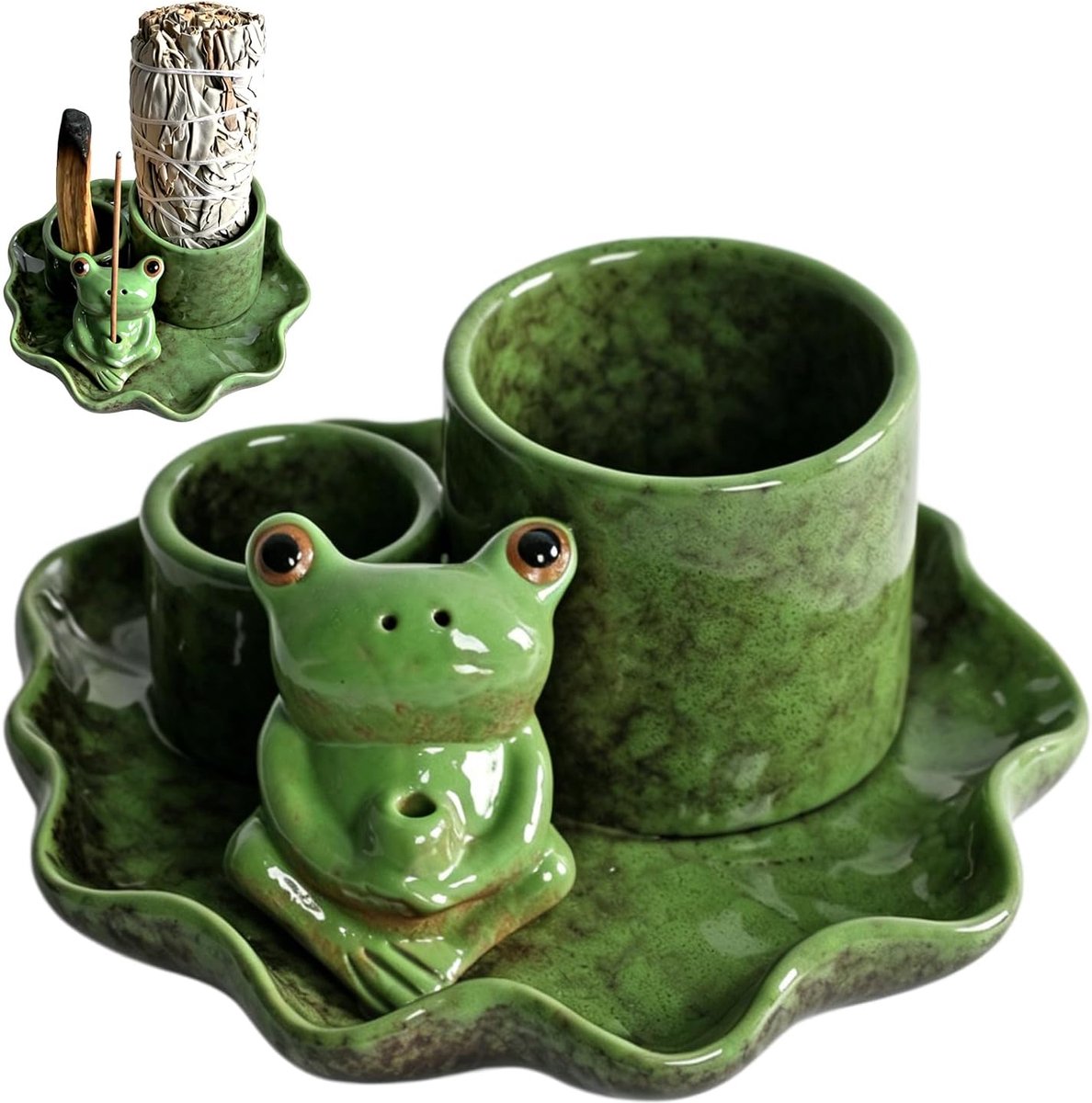 Wierookhouder 4-in-1 - handgemaakt keramisch - lotusblad-patroon - ideaal voor meditatie - ShopVlot