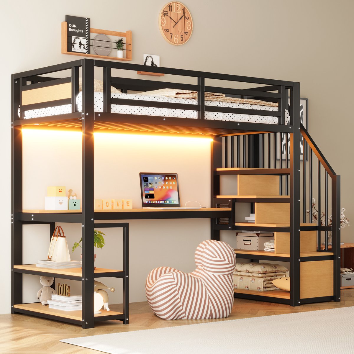 REDOM - Hoogslaper - Met bureau en opbergrekken - Met opbergtrap en veiligheidshek - Metaal en MDF - Voor slaapkamer en studiehoek - Zwart - 255 x 95 x 170 cm