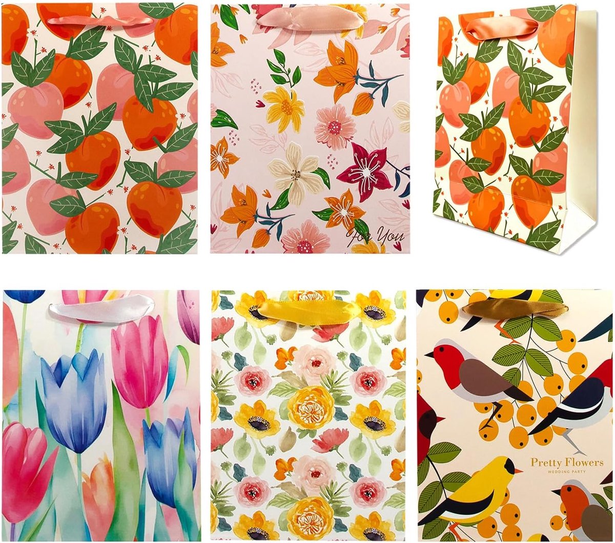 Cadeauzakjes bloemenmotief 15 x 7,5 x 20 cm - Wit karton met satijnen handgrepen - 5 unieke ontwerpen - ShopVlot