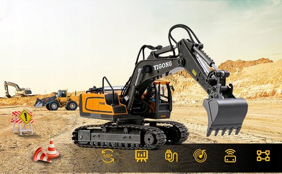 Grijze en gele RC-graafmachine met pionnen en waarschuwingsbord op bouwplaats.
