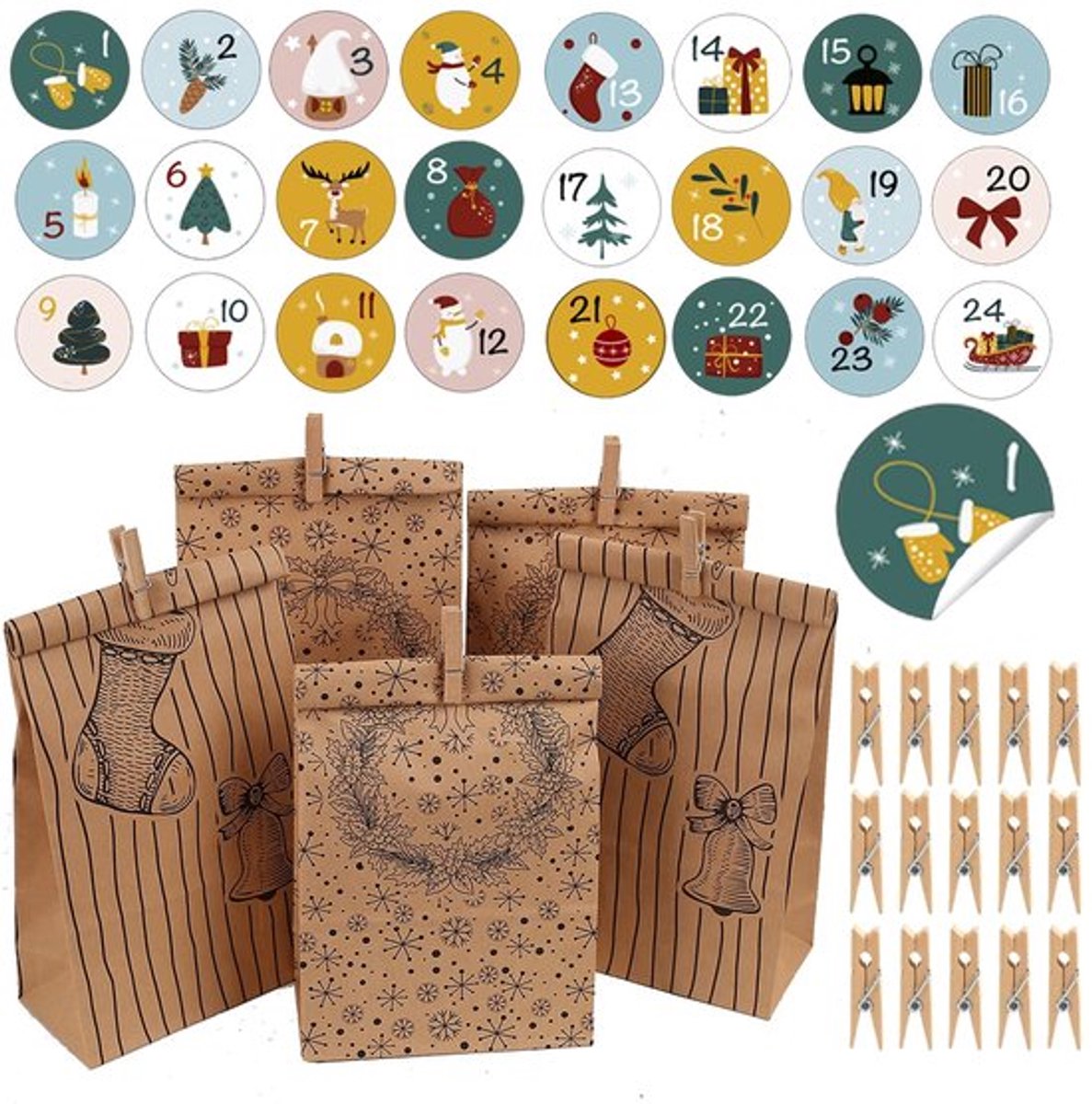 HERZONE Adventskalender om te vullen 24 adventskalenderdoosjes mooie cadeauzakjes kerstmotieven dozen (zwart 2 types)