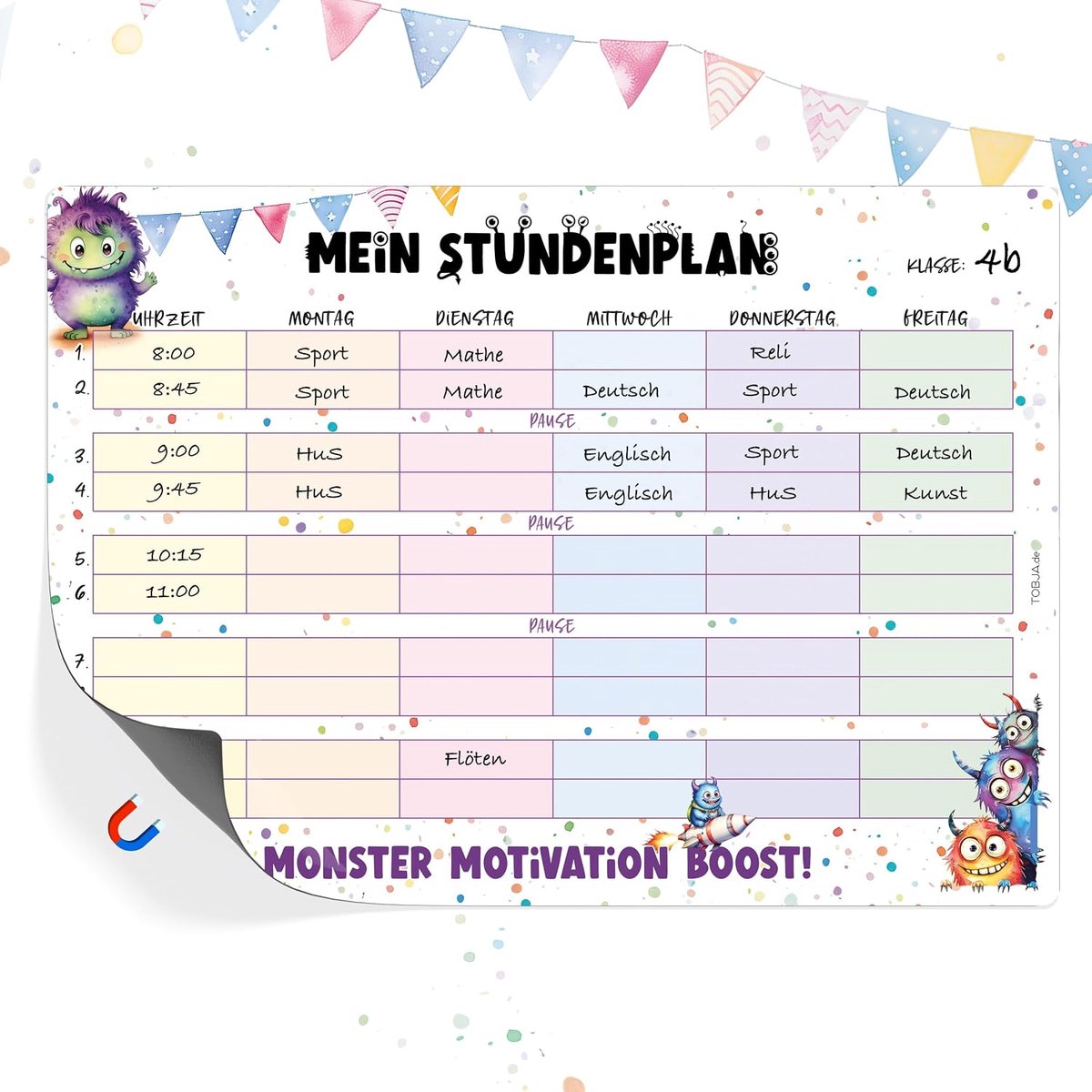 lesrooster magnetisch basisschool - schattig monsterdesign - afwasbaar - perfect voor de eerste klas - ShopVlot