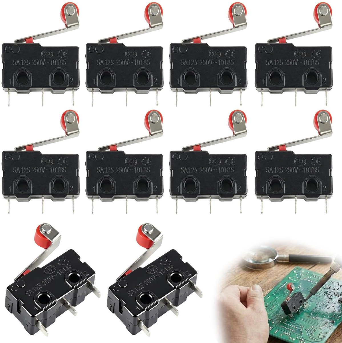 Micro switch pack van 10 - 250 V 16 A - 2-polig - met rollerwiel - geschikt voor mechatronica - ShopVlot