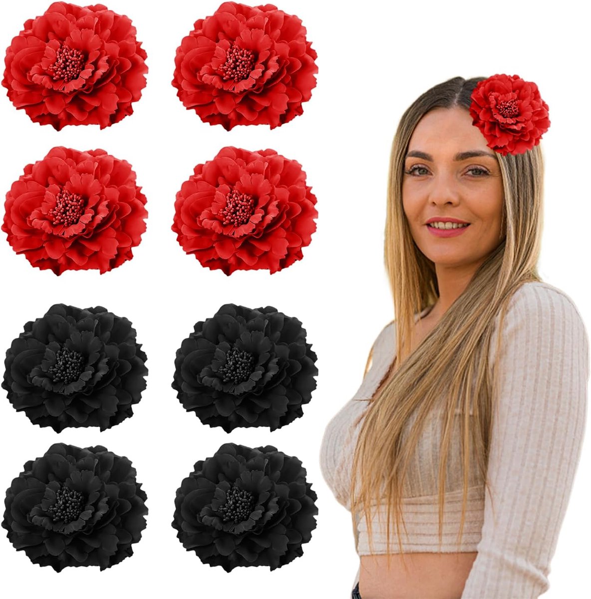 Haarspelden Peony 8 Stuks - Zwart en Rood - Bloemenhaarspelden - Elegante accessoires voor speciale gelegenheden - ShopVlot