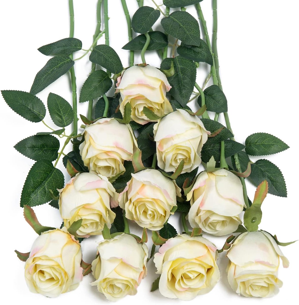 Neproos bloemenboeket 10 stuks - lange steel - crèmekleurig met groene bladeren - perfect voor bruiloften en feesten - ShopVlot