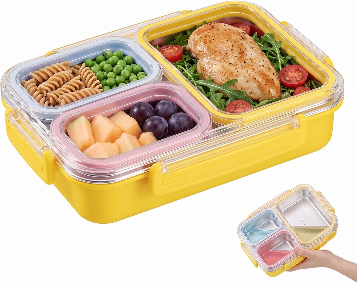 Broodtrommel voor kinderen 800 ml - roestvrij staal - 3 vakken - ideale bento lunchbox voor school - ShopVlot