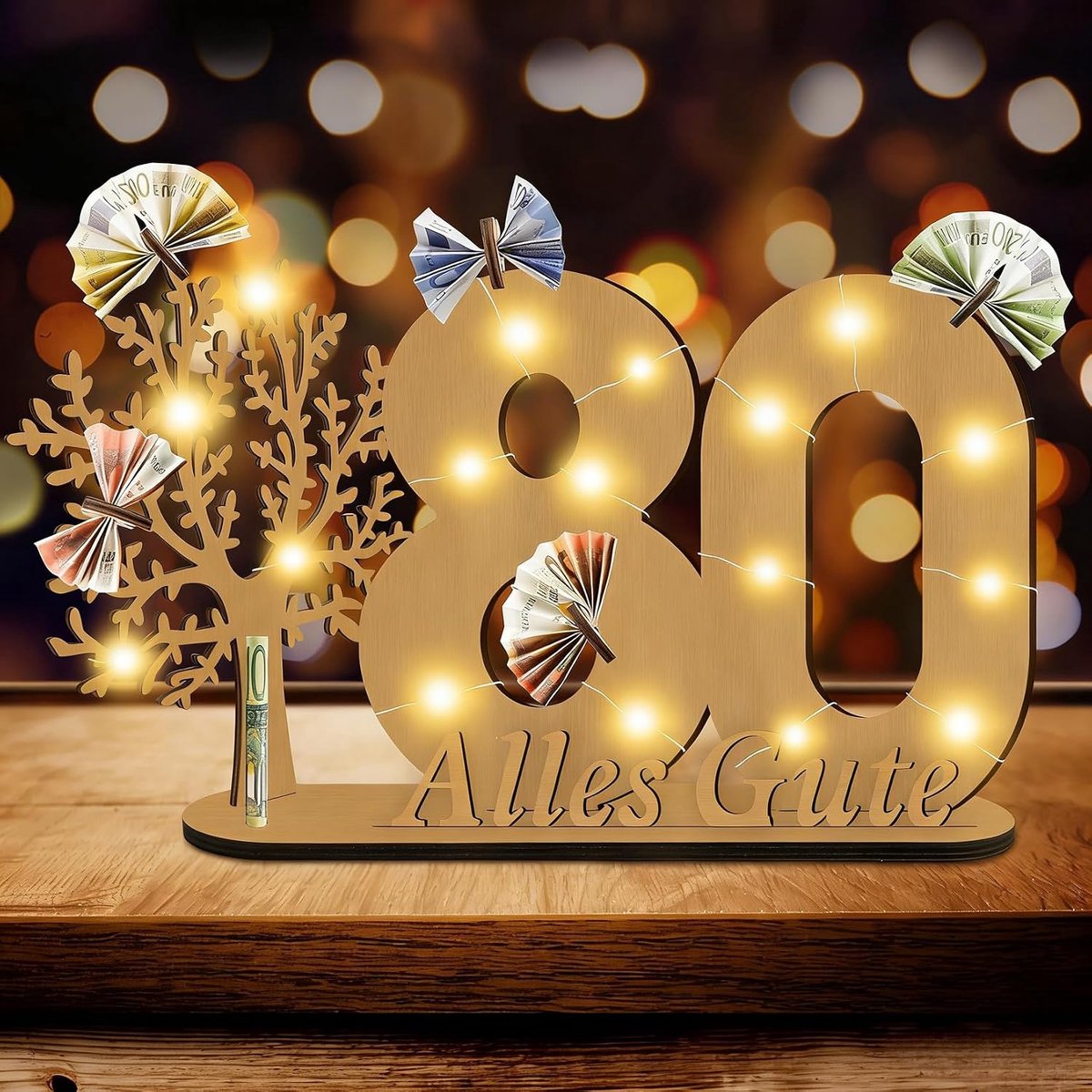 Houten gastenboek 80e verjaardag - boom des levens met LED - gepersonaliseerd - origineel cadeau voor man - ShopVlot