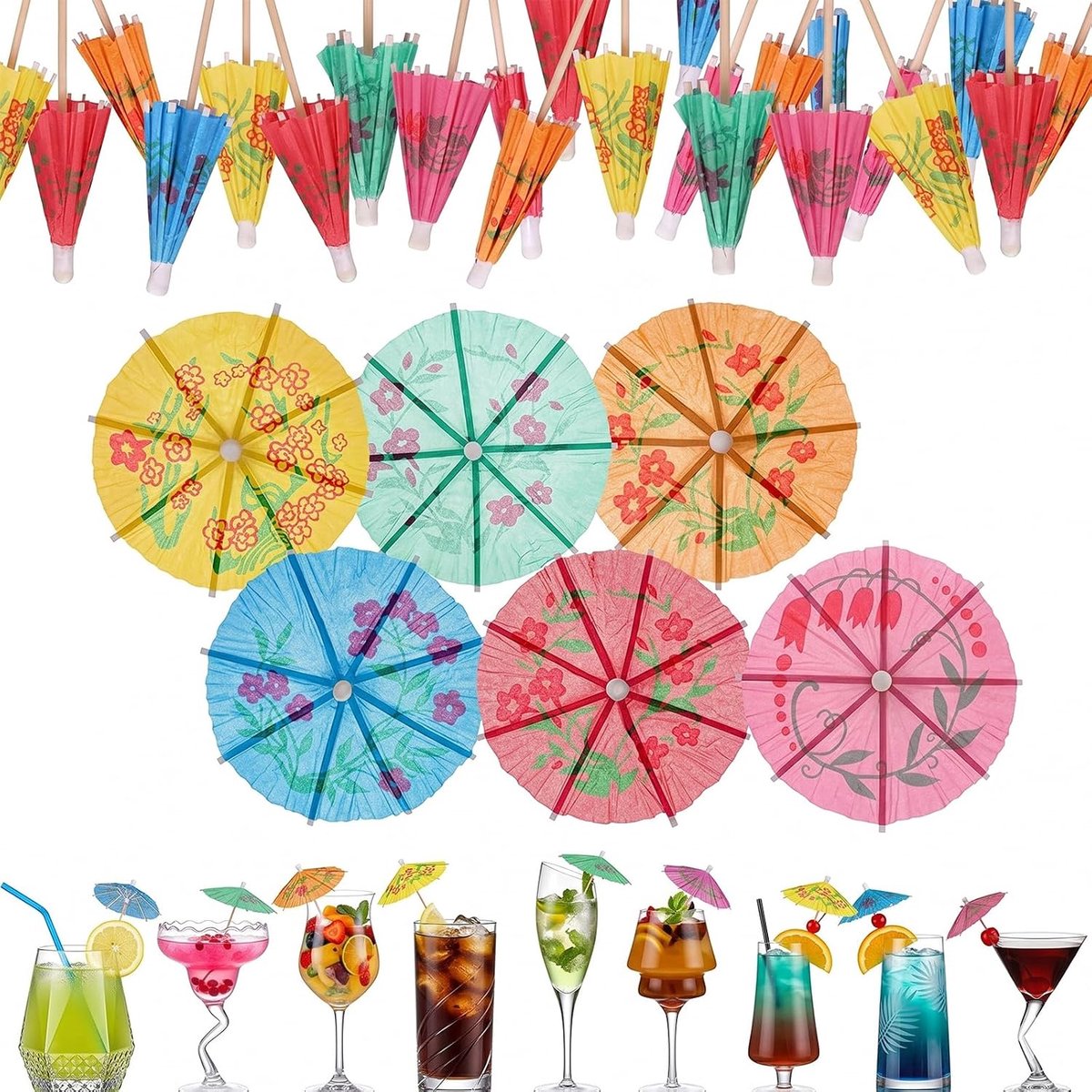 Cocktaildecoratie 100 stuks - papieren parapluutjes 10 cm - kleurrijk met bloemen - sfeervolle tafeldecoratie - ShopVlot