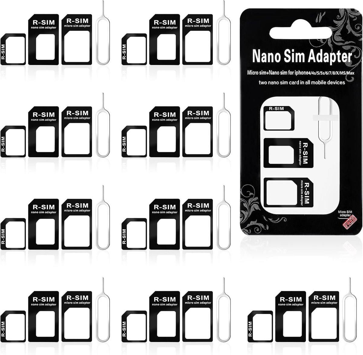 10-delige SIM Adapter Set - 4-in-1 Micro SIM en Nano SIM Converter met Verwijdertool en Stalen Houder voor Smartphones en Tablets