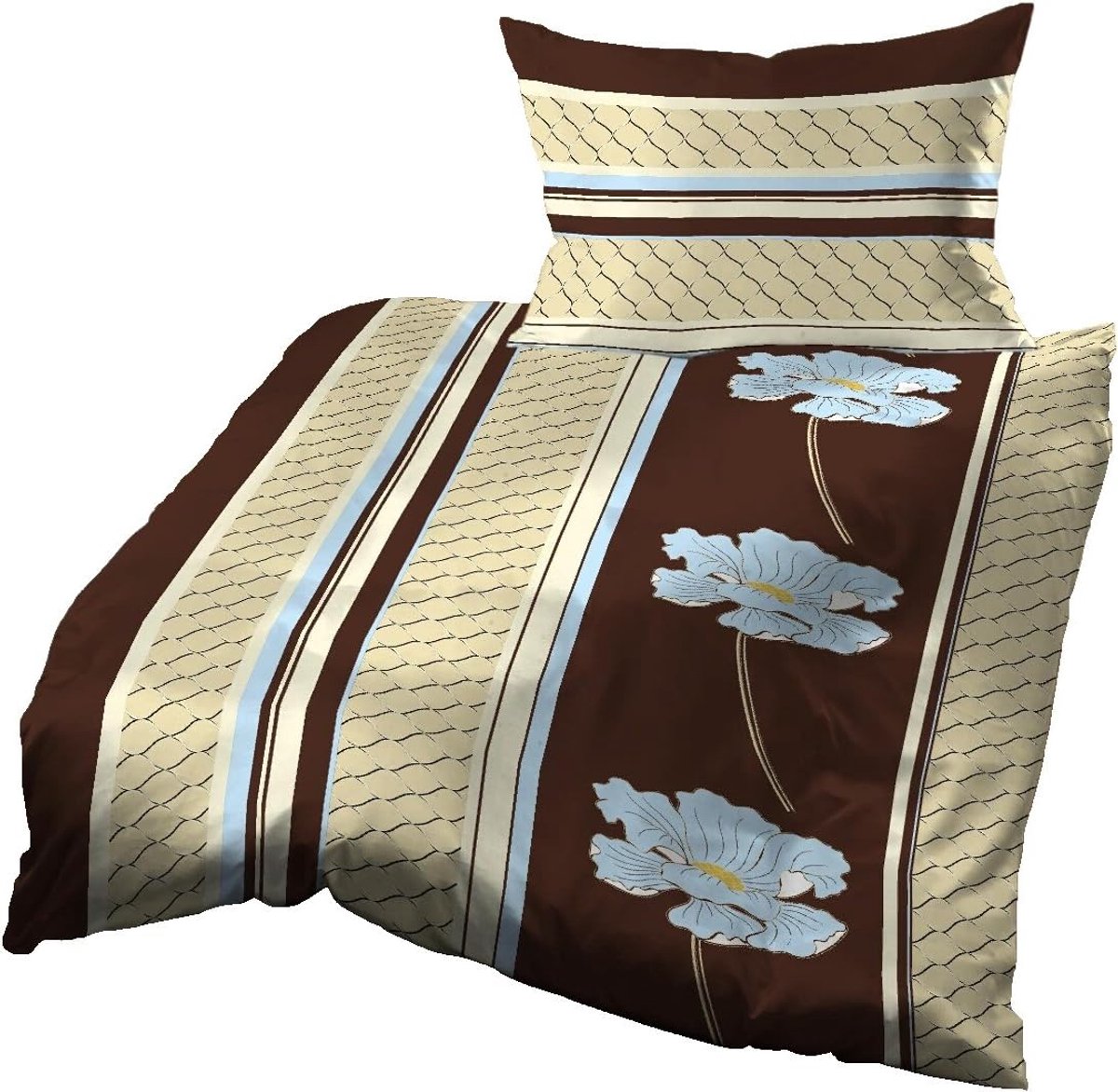 Dekbedovertrek 140x200 cm - Katoen Seersucker - Mozaïek bloemen bruin beige blauw - Ademend en zacht - ShopVlot