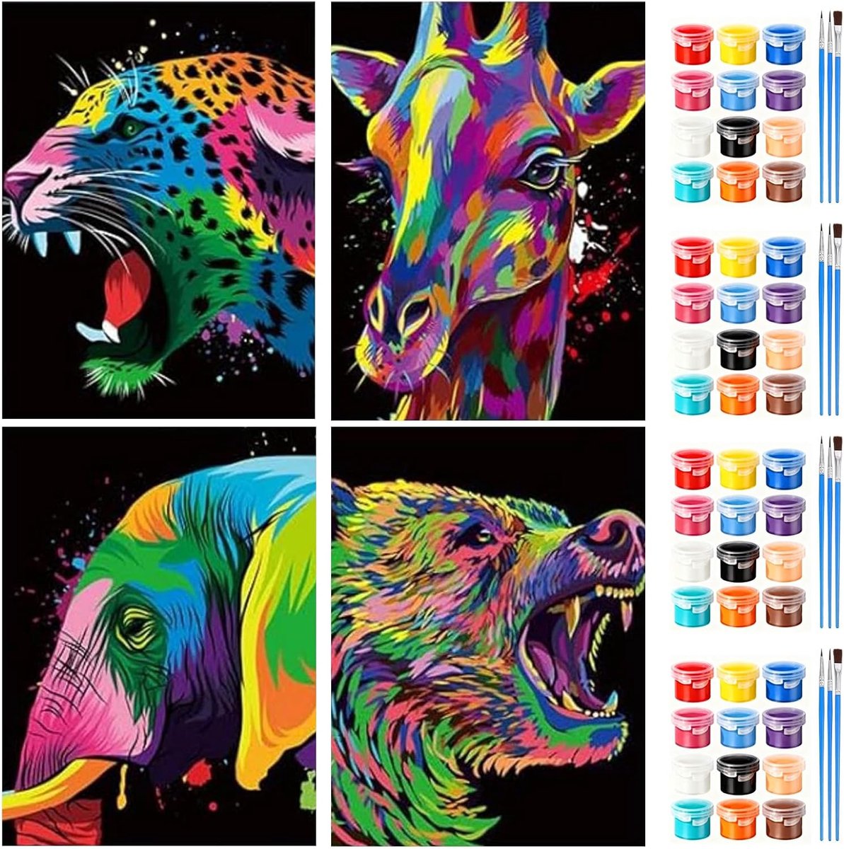 Schilderen op nummer dieren - 4 delige set - kleurrijke dieren - ontspannend creatief hobbyproject - ShopVlot