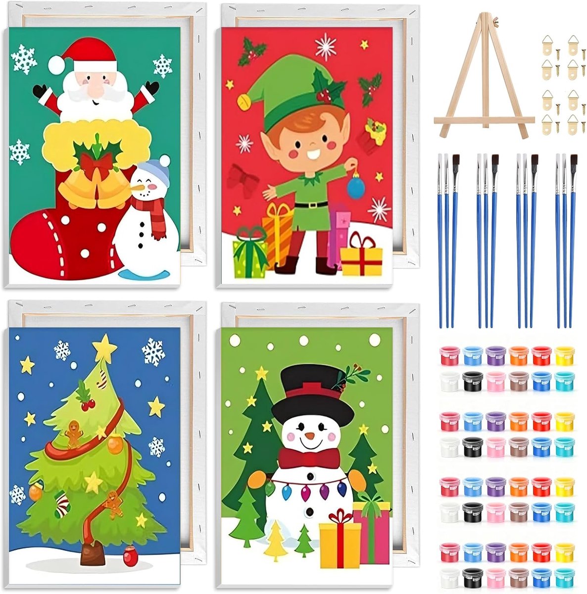 Schilderen op nummer kerstthema - 4-pack met lijst - Makkelijk schilderen voor volwassenen - m-winkel