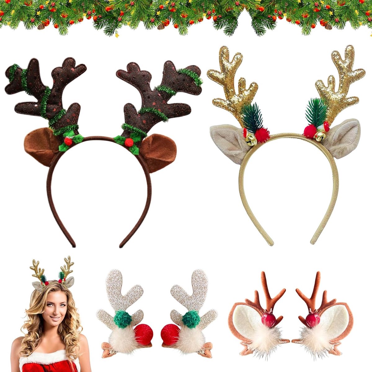Kersthoofdbanden set van 4 - Glitterende rendierantlers - Feestelijke haaraccessoires - Perfect voor kerstpartijen - ShopVlot