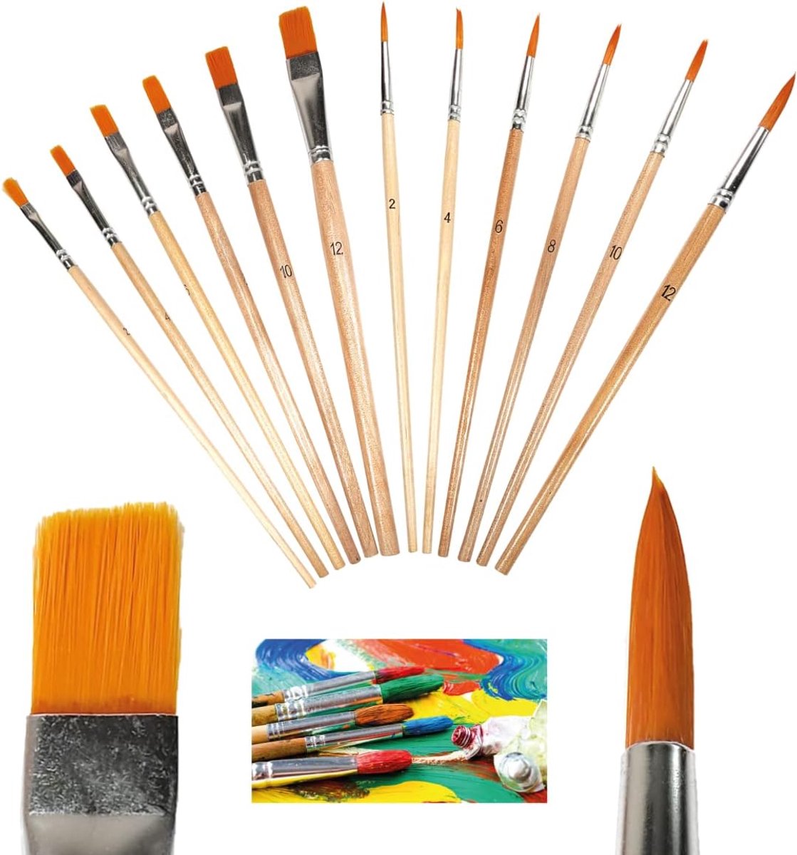 Verfkwasten set 12 stuks - 6 ronde en 6 platte tips - nylon haren - ideaal voor kunstenaars en beginners - ShopVlot