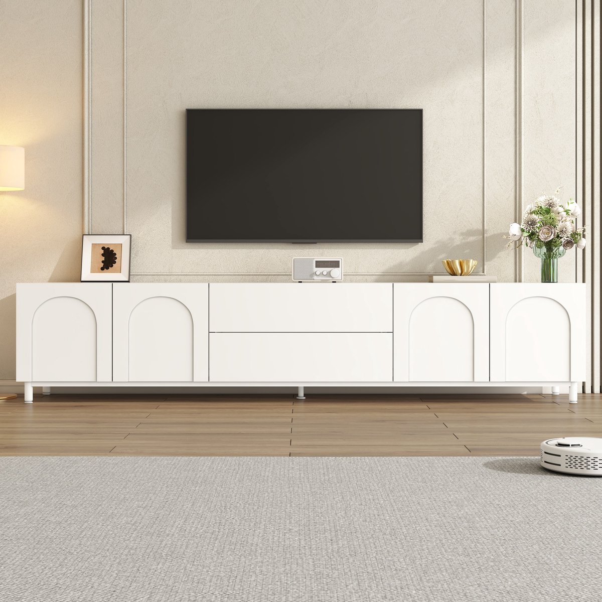 DESMIU Tv Meubel - Modern Wit Met 4 Deuren En 2 Laden - Voor Woonkamer En Tv Wand - Spaanplaat En MDF - 180x40x48 Cm